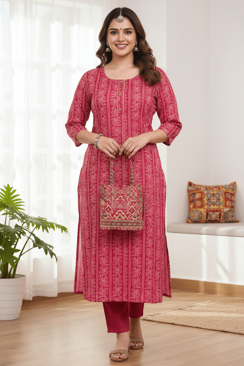 Marjeena women's magenta ethnic printed straight cotton Kurti with traditional design and vibrant patterns.