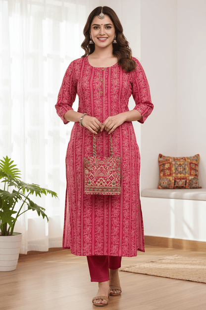 Marjeena women's magenta ethnic printed straight cotton Kurti with traditional design and vibrant patterns.