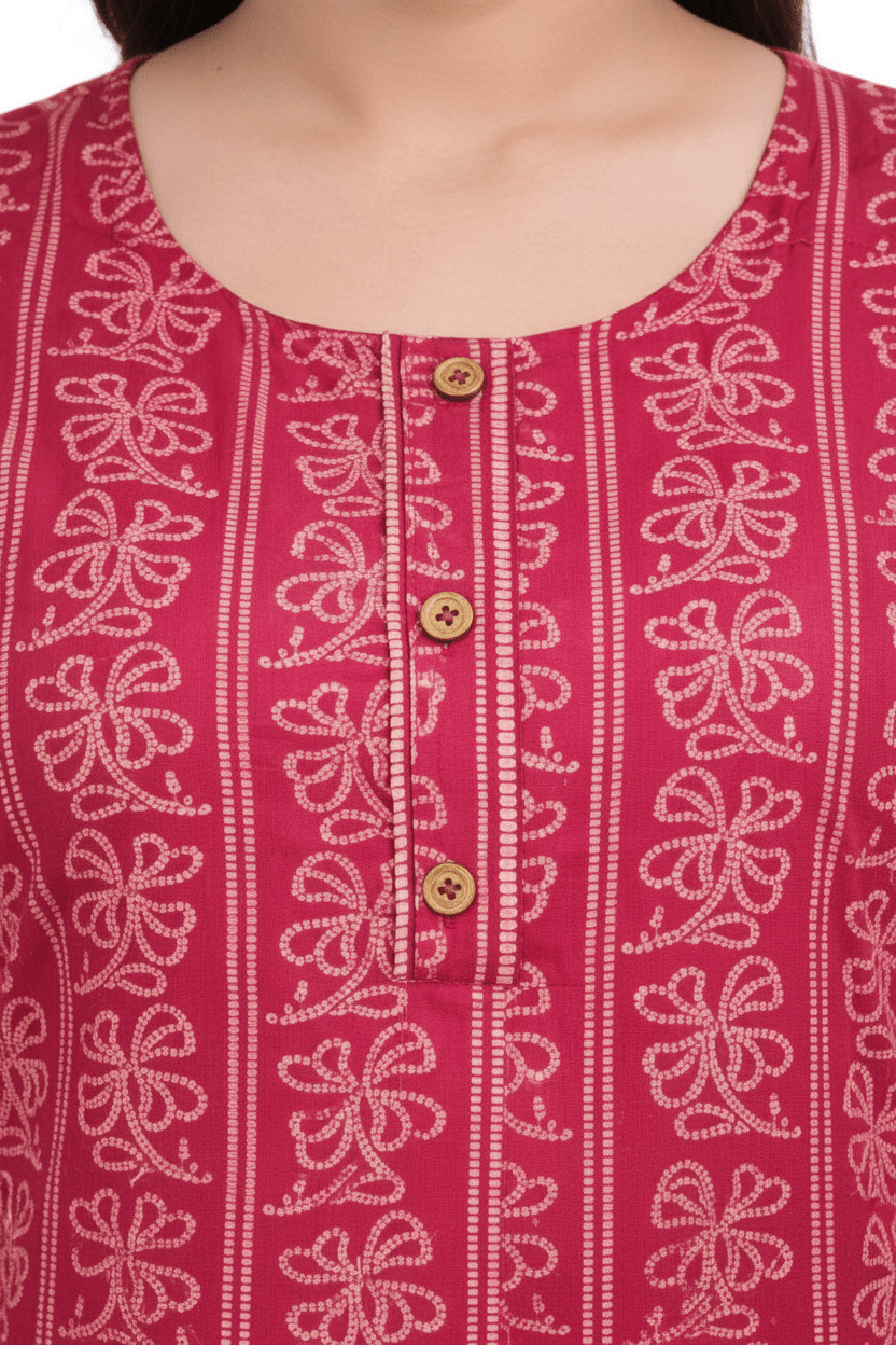 Marjeena women's magenta ethnic printed straight cotton kurti with traditional design and vibrant colors.