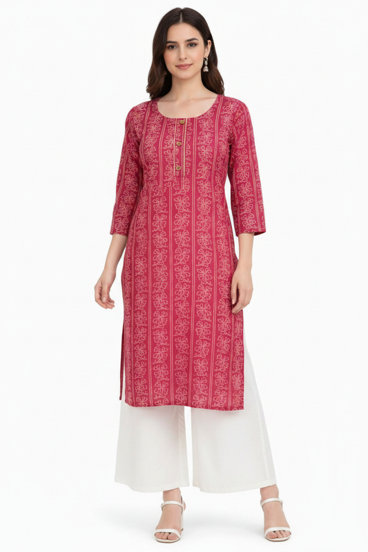 Marjeena women's magenta ethnic printed cotton kurti with straight fit, casual and traditional Indian style.