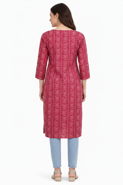 Marjeena women's magenta ethnic printed straight cotton kurti with traditional patterns and comfortable fit.