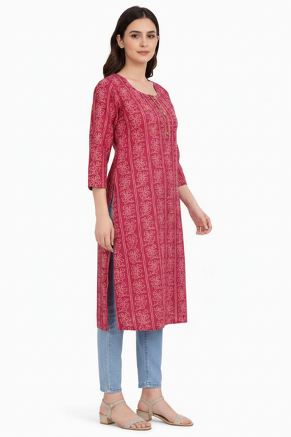 Marjeena women's magenta ethnic printed straight cotton kurti with traditional design and vibrant colors.
