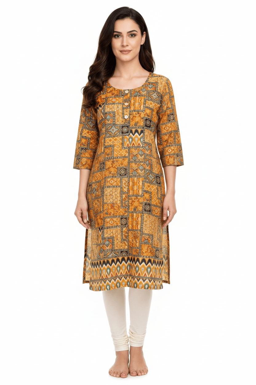 Marjeena women's mustard yellow cotton kurti with geometric abstract print and comfortable fit.
