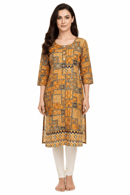 Marjeena women's mustard yellow cotton kurti with geometric abstract print and comfortable fit.