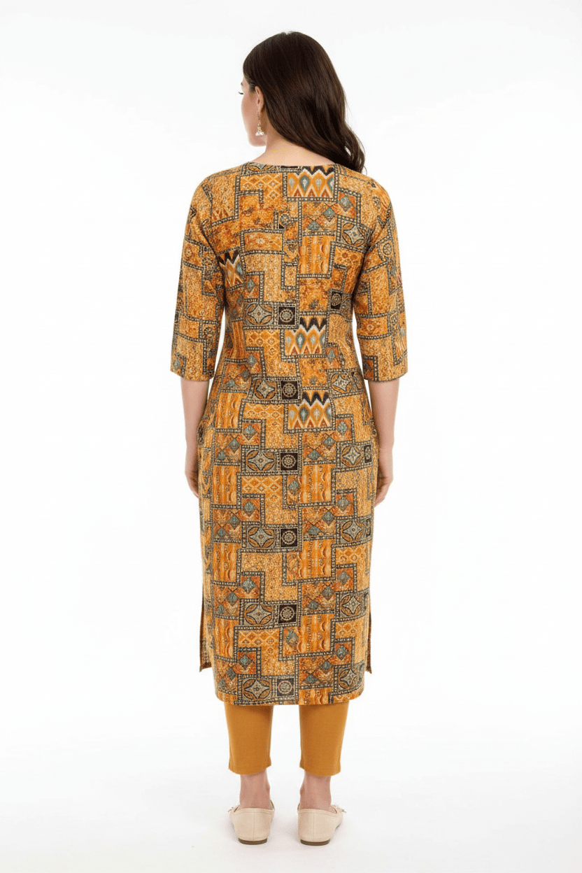Marjeena women's mustard yellow geometric abstract printed cotton kurti with a relaxed fit and stylish design.