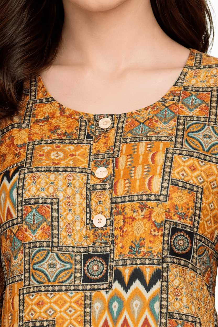 Marjeena women's mustard yellow cotton kurti with geometric abstract print and traditional design.