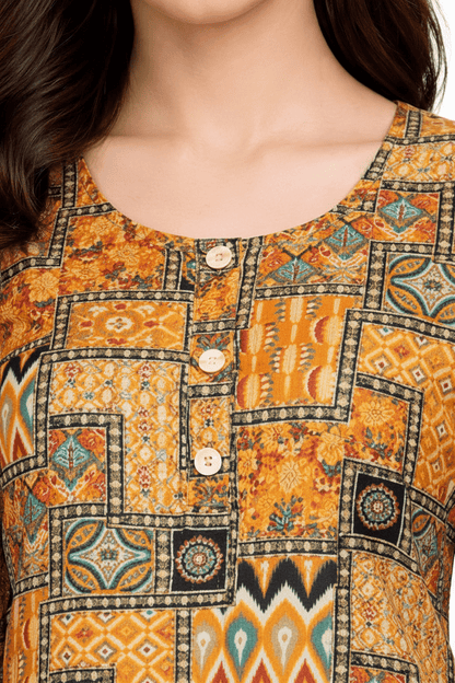 Marjeena women's mustard yellow cotton kurti with geometric abstract print and traditional design.
