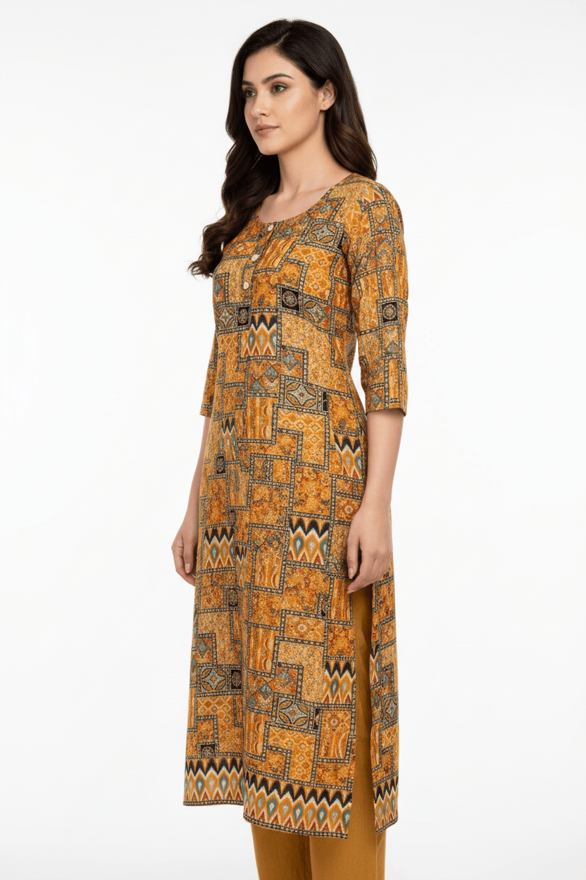 Marjeena women's mustard yellow cotton kurti with geometric abstract print, stylish and comfortable traditional Indian wear
