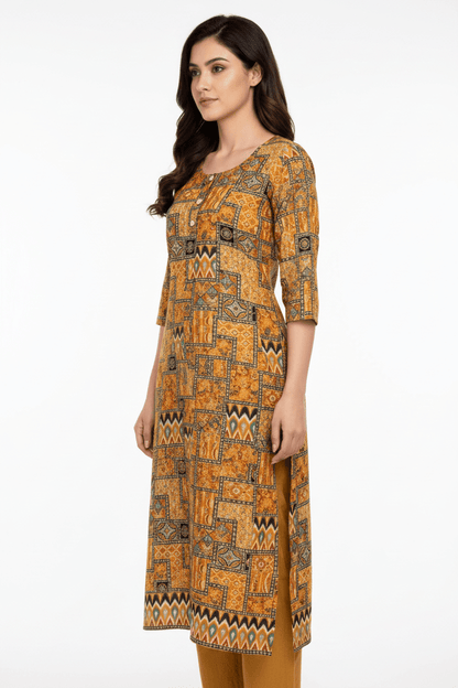 Marjeena women's mustard yellow cotton kurti with geometric abstract print, stylish and comfortable traditional Indian wear