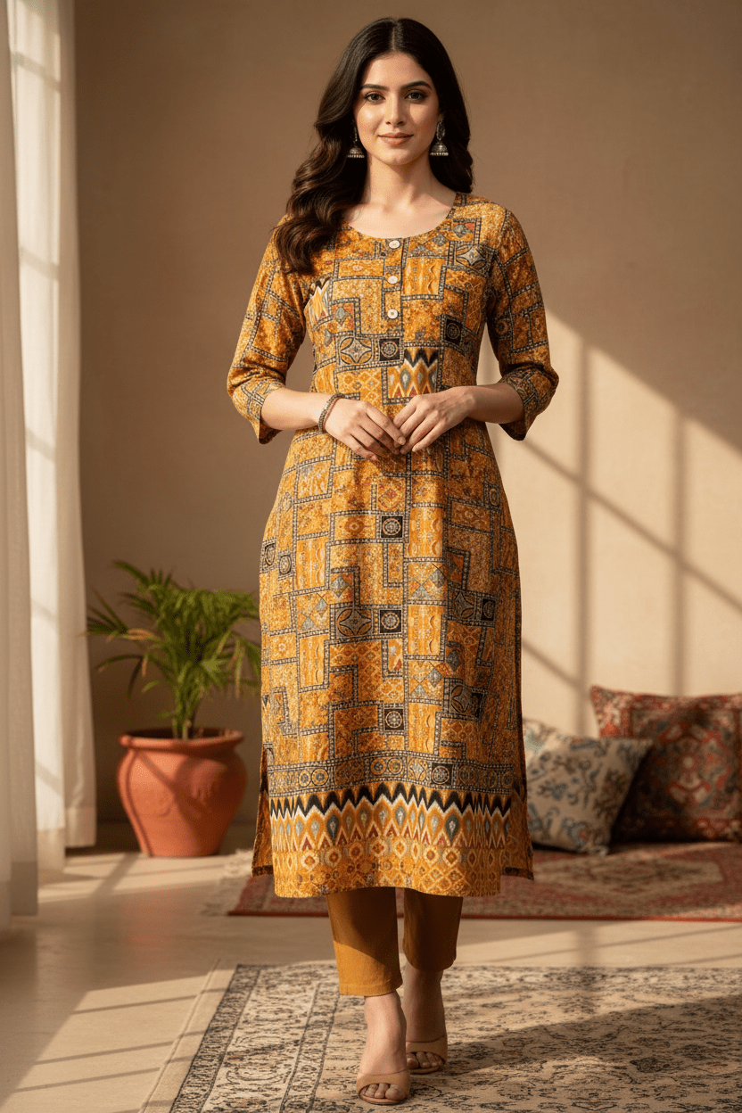 Marjeena women's mustard yellow cotton kurti with geometric abstract print, featuring a stylish and comfortable design.