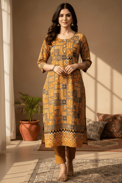Marjeena women's mustard yellow cotton kurti with geometric abstract print, featuring a stylish and comfortable design.