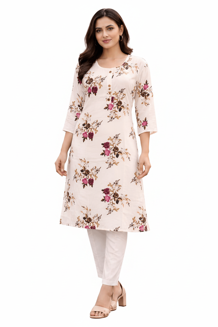 Off-white floral printed cotton A-line kurti for women by Marjeena, showcasing a stylish and comfortable traditional Indian dress.