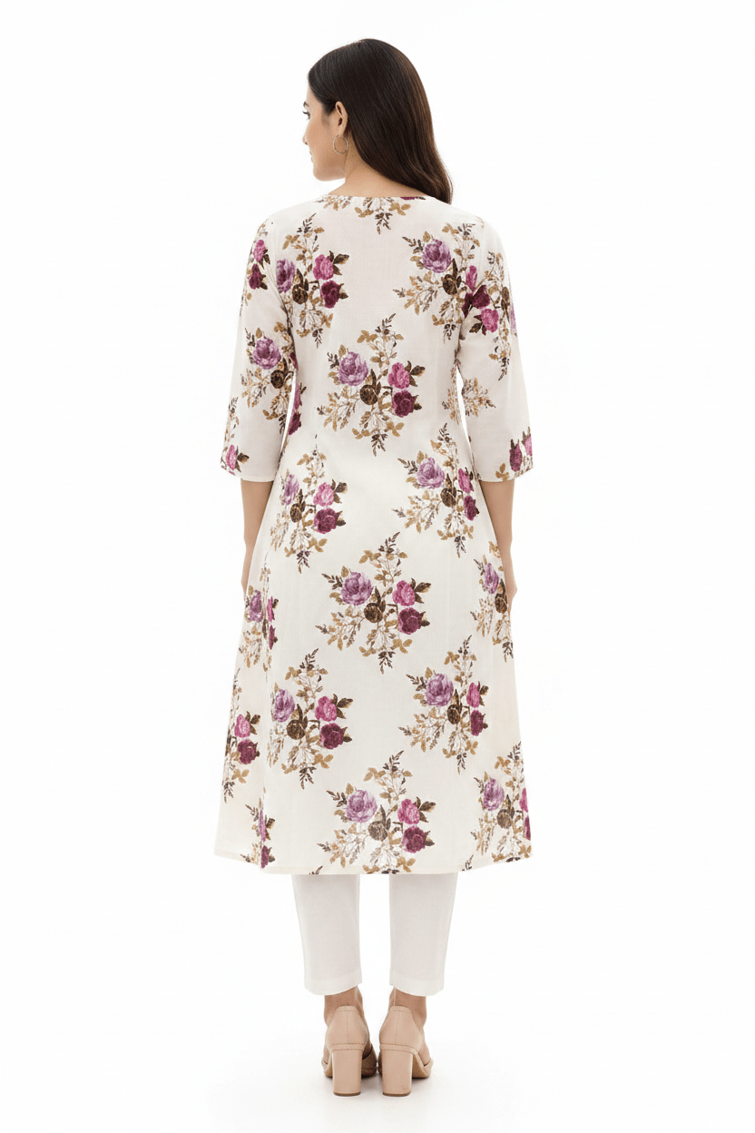 Marjeena women's off-white floral printed cotton A-line kurti with a flowy silhouette and elegant design.