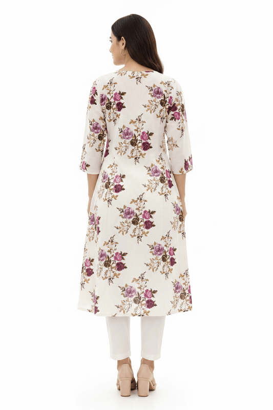 Marjeena women's off-white floral printed cotton A-line kurti with a flowy silhouette and elegant design.