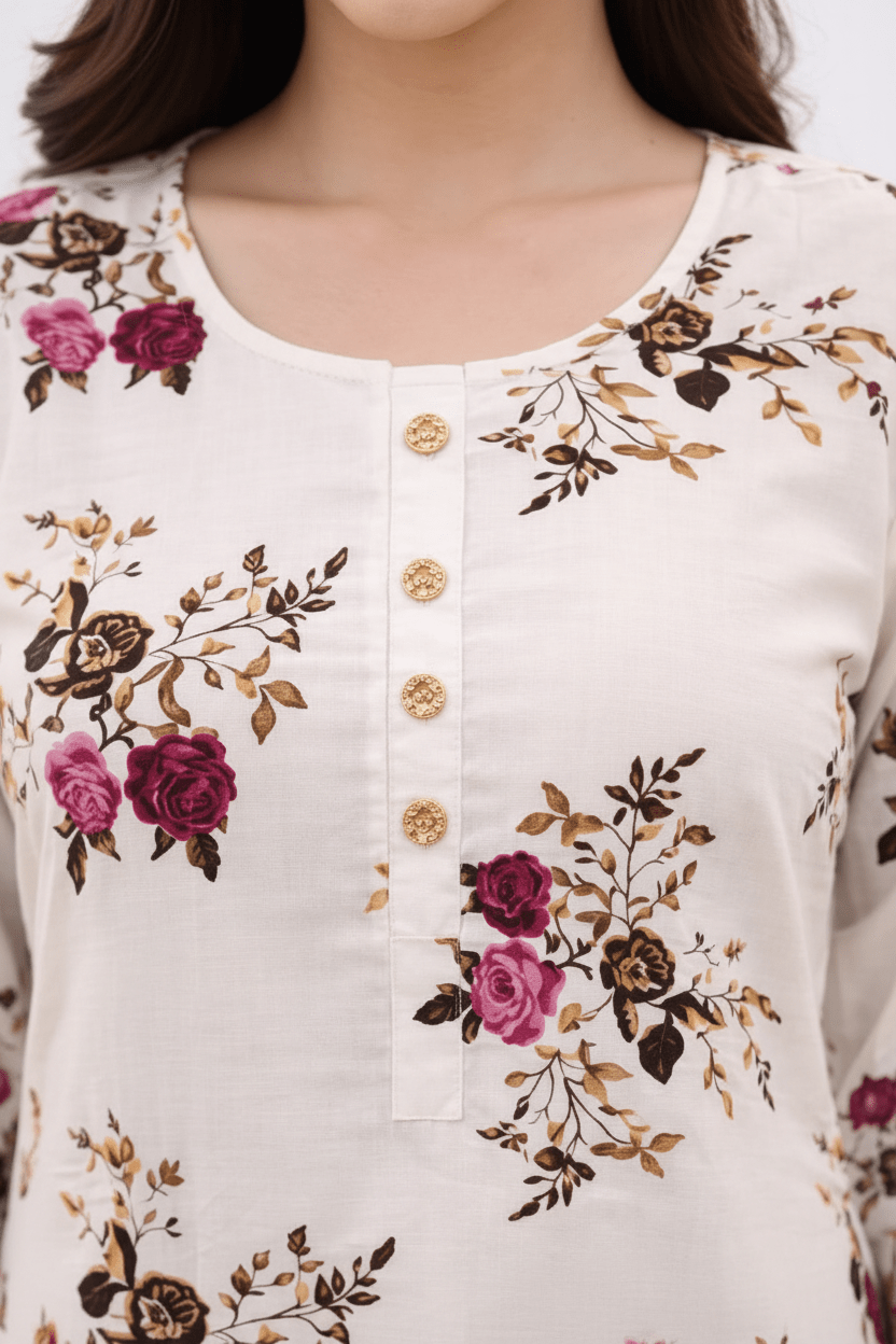 Off-white floral printed cotton A-line kurti for women by Marjeena, showcasing a stylish and comfortable traditional dress.