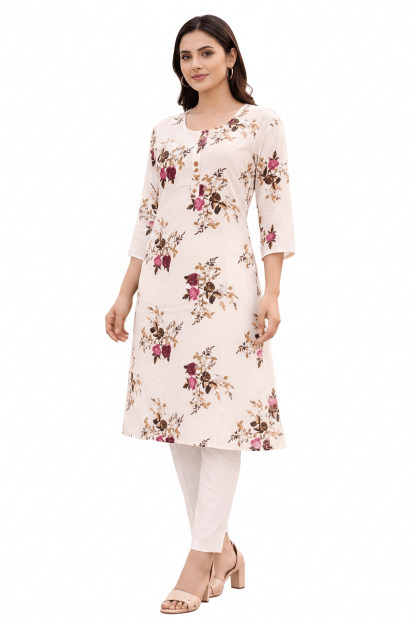 Marjeena women's off-white floral printed cotton A-line Kurti with a feminine design and elegant floral pattern.