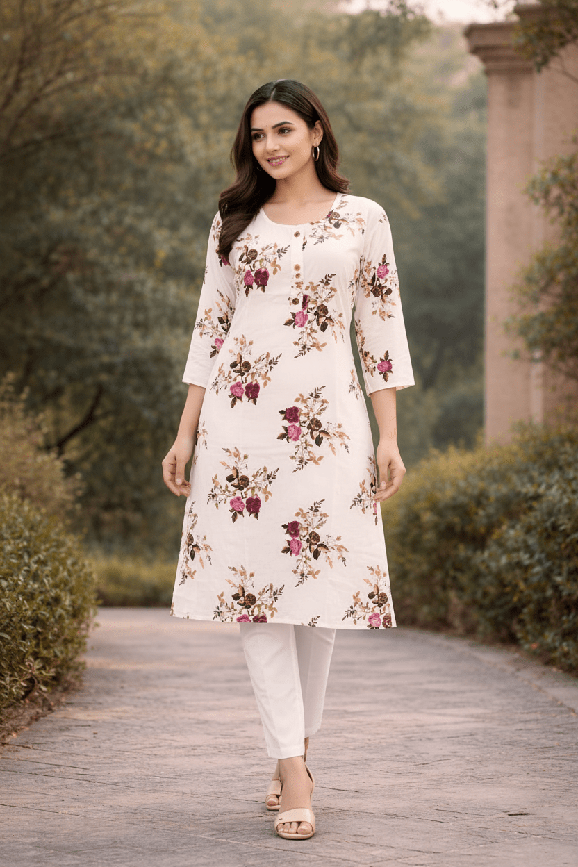 Off-white floral printed cotton A-line Kurti for women by Marjeena, showcasing intricate floral patterns and classic design.