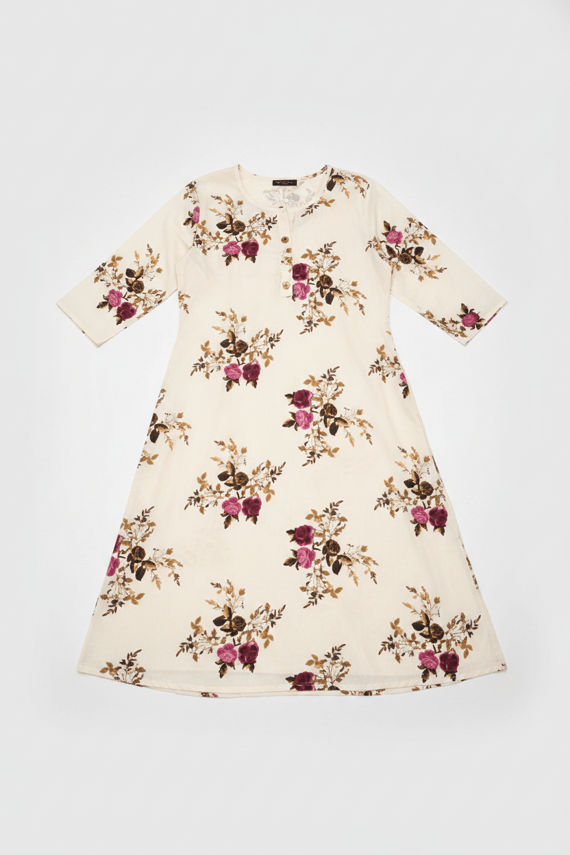 Off-white floral printed cotton A-line Kurti for women by Marjeena, showcasing a stylish and comfortable traditional dress.