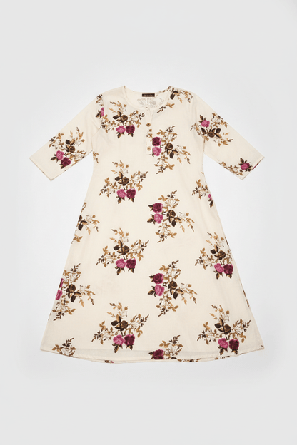 Off-white floral printed cotton A-line Kurti for women by Marjeena, showcasing a stylish and comfortable traditional dress.