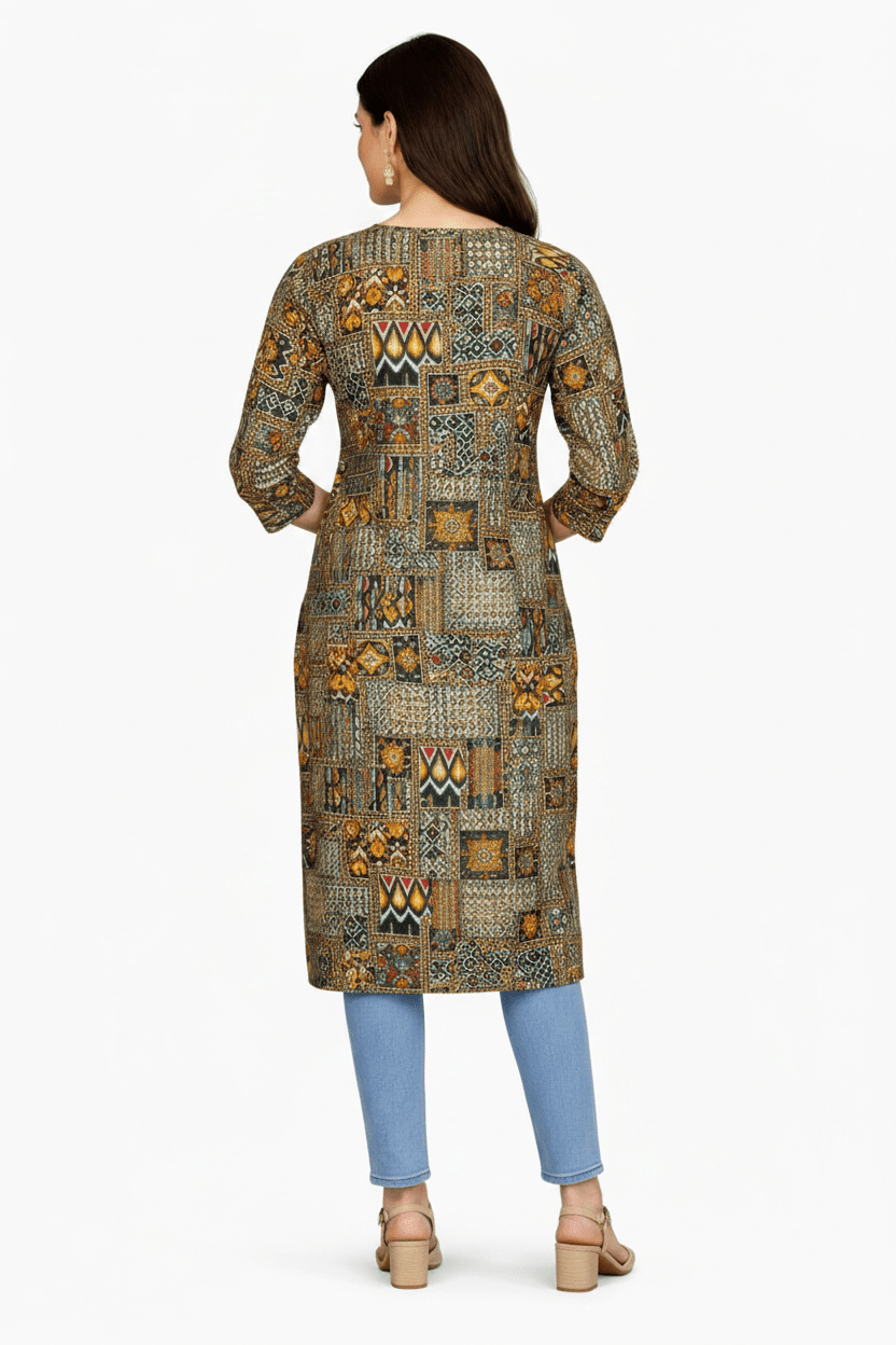 Marjeena women's cotton kurti with olive and brown geometric abstract print, featuring a stylish and comfortable design.
