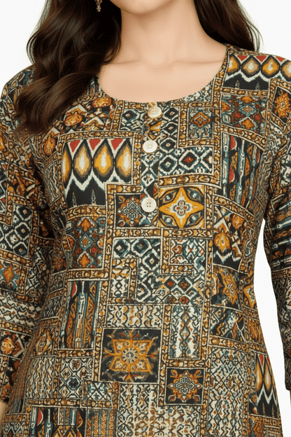 Marjeena women's cotton kurti featuring an olive and brown geometric abstract print and traditional design.