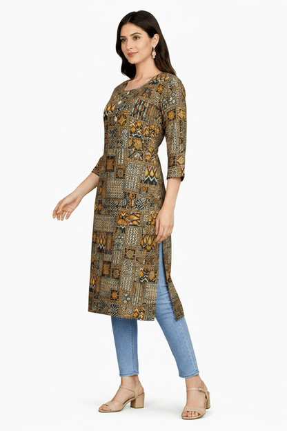 Marjeena women's olive and brown geometric printed cotton kurti with abstract design, casual and stylish for daily wear.