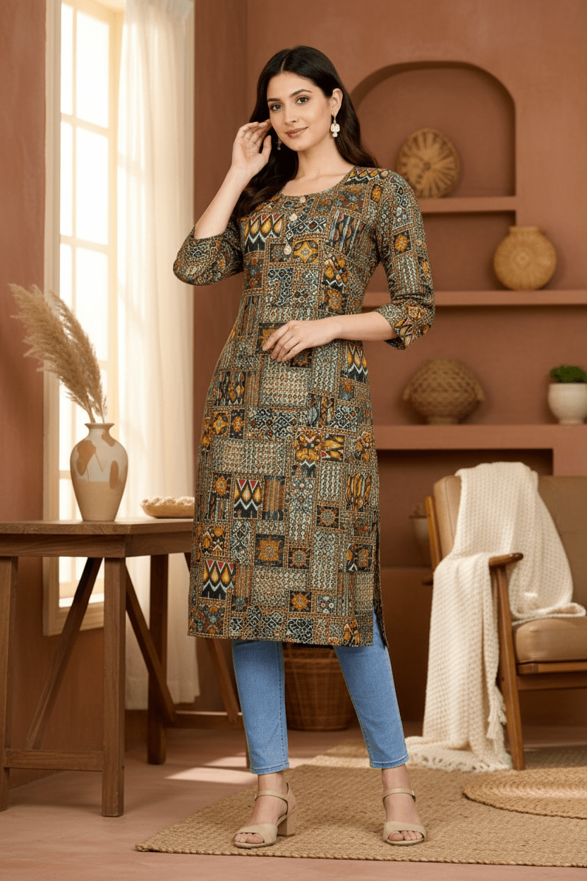 Marjeena women's cotton kurti in olive and brown with geometric abstract print, featuring a stylish and comfortable design.