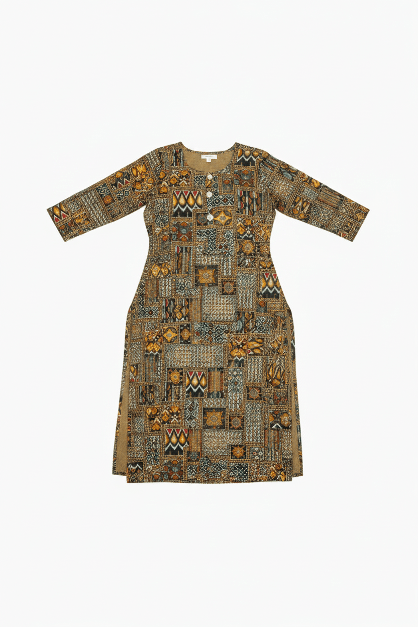 Marjeena women's olive and brown geometric abstract printed cotton kurti with a stylish design and comfortable fit.