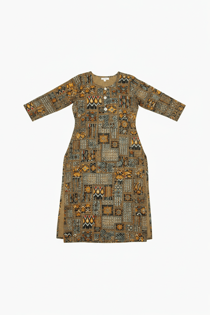 Marjeena women's olive and brown geometric abstract printed cotton kurti with a stylish design and comfortable fit.