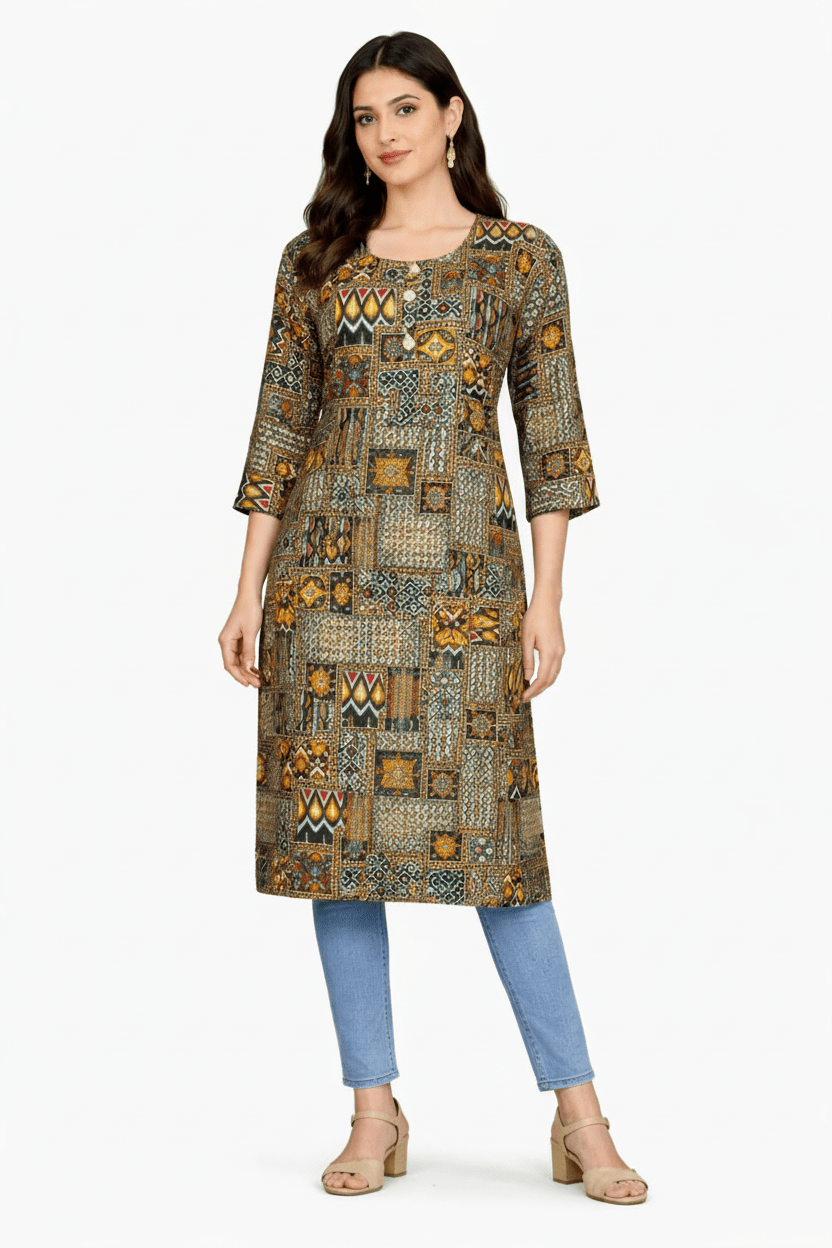 Marjeena women's olive and brown geometric abstract printed cotton kurti with long sleeves and traditional design.