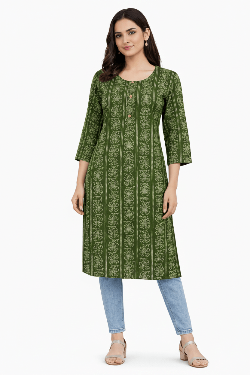 Marjeena women's olive green cotton kurti with geometric abstract print, featuring a stylish and comfortable design.
