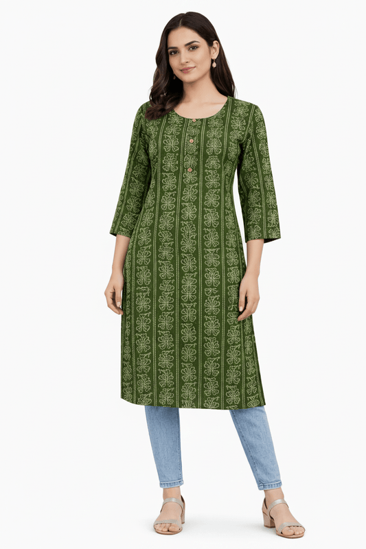 Marjeena women's olive green cotton kurti with geometric abstract print, featuring a stylish and comfortable design.