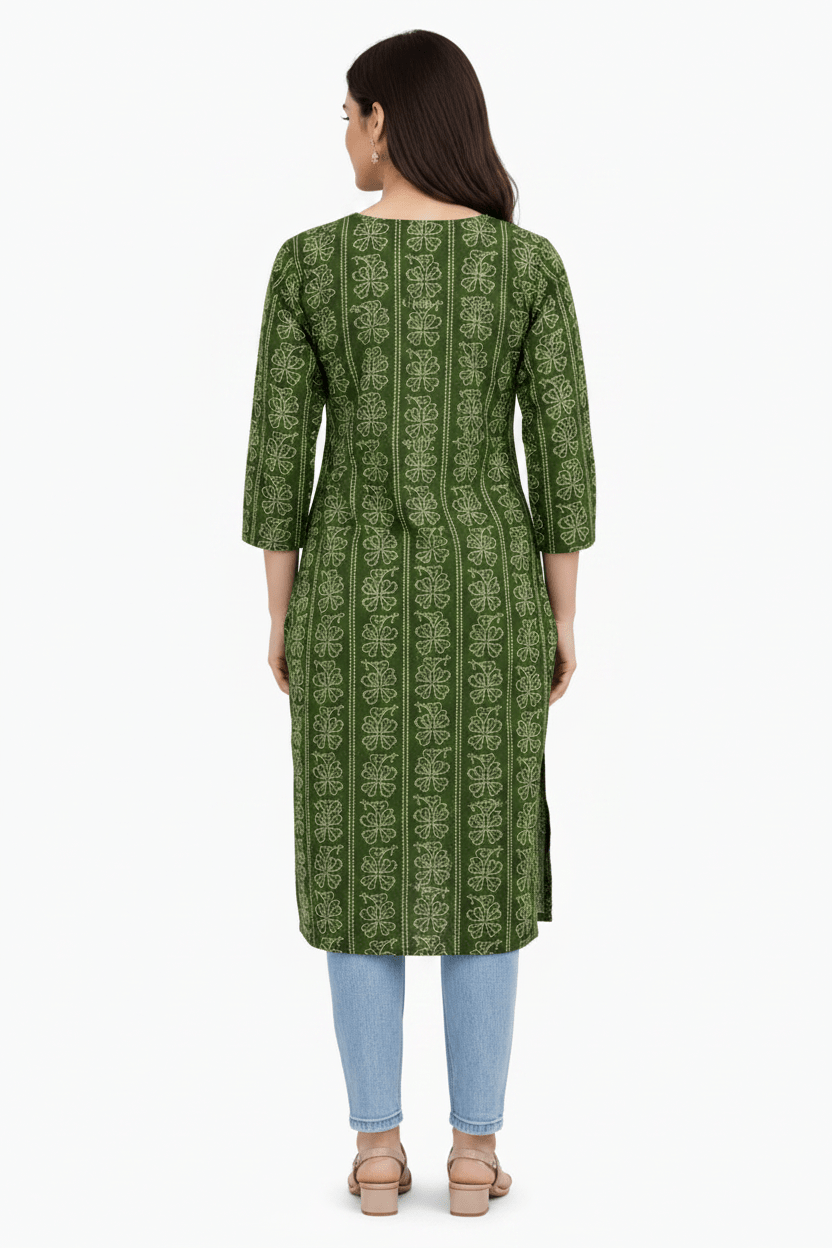 Olive green Marjeena women's geometric abstract printed cotton Kurti with a stylish design and comfortable fit.