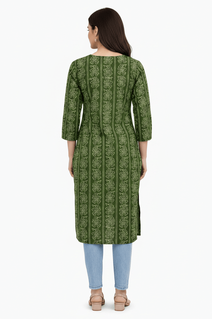 Olive green Marjeena women's geometric abstract printed cotton Kurti with a stylish design and comfortable fit.