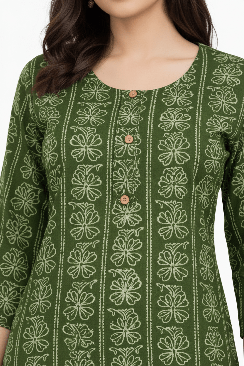Marjeena women's olive green cotton kurti with geometric abstract print, stylish and comfortable traditional Indian attire.
