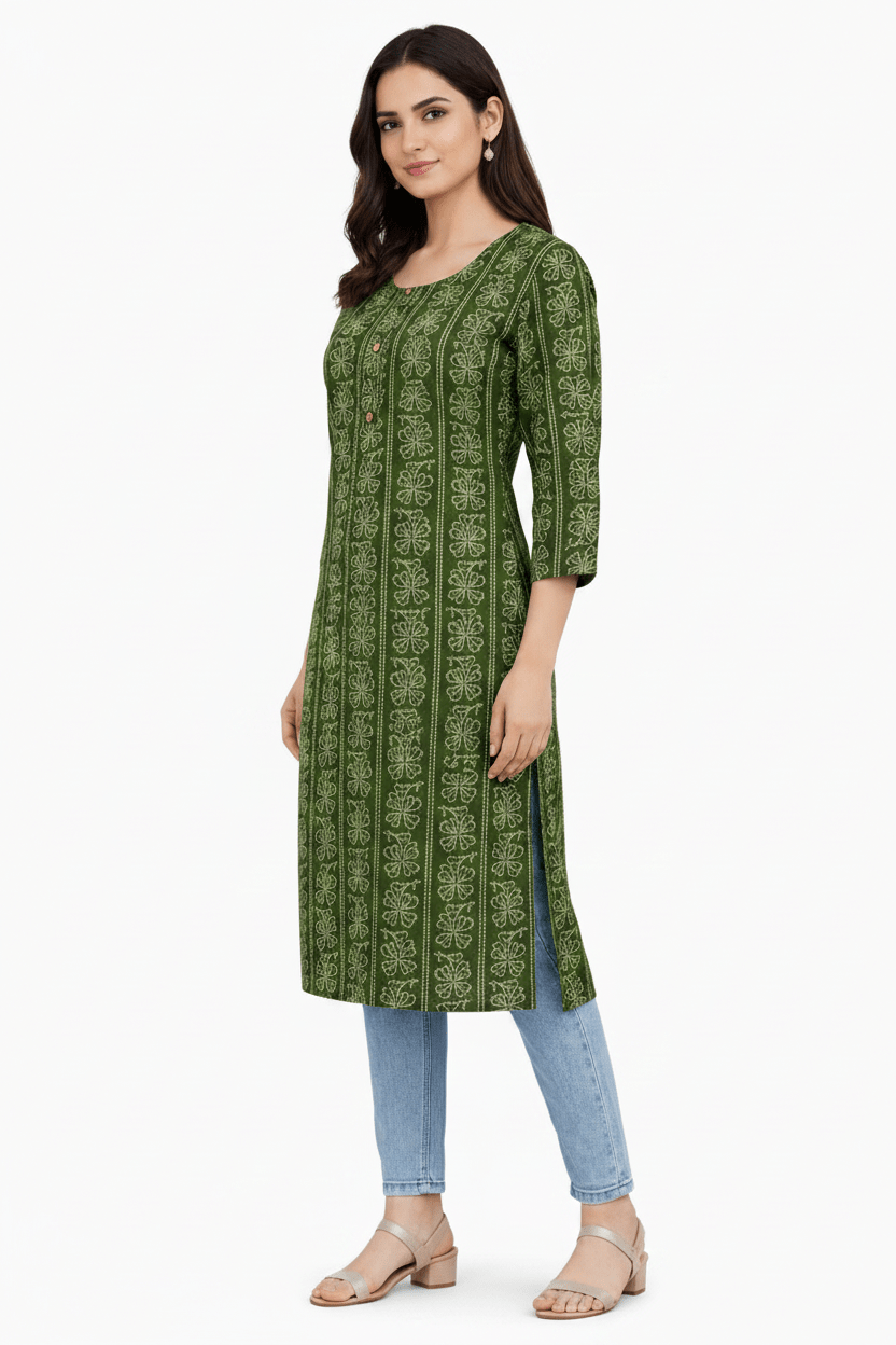 Marjeena women's olive green cotton kurti with geometric abstract printed design, featuring a stylish and comfortable traditional outfit.