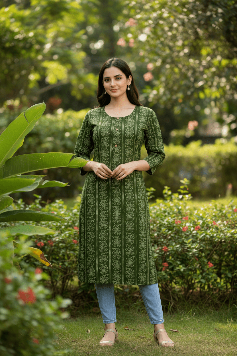 Marjeena women's olive green geometric printed cotton kurti with abstract design, stylish and comfortable for casual wear.