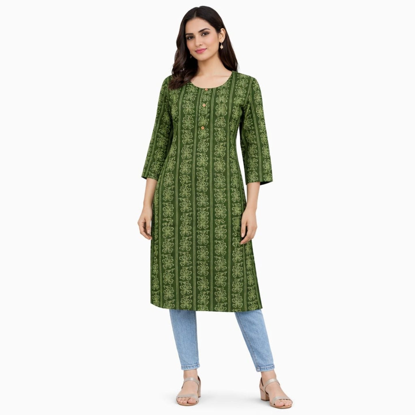 Marjeena women's olive green cotton kurti with geometric abstract print, featuring a casual and stylish design.