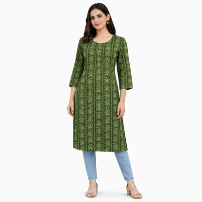 Marjeena women's olive green cotton kurti with geometric abstract print, featuring a casual and stylish design.