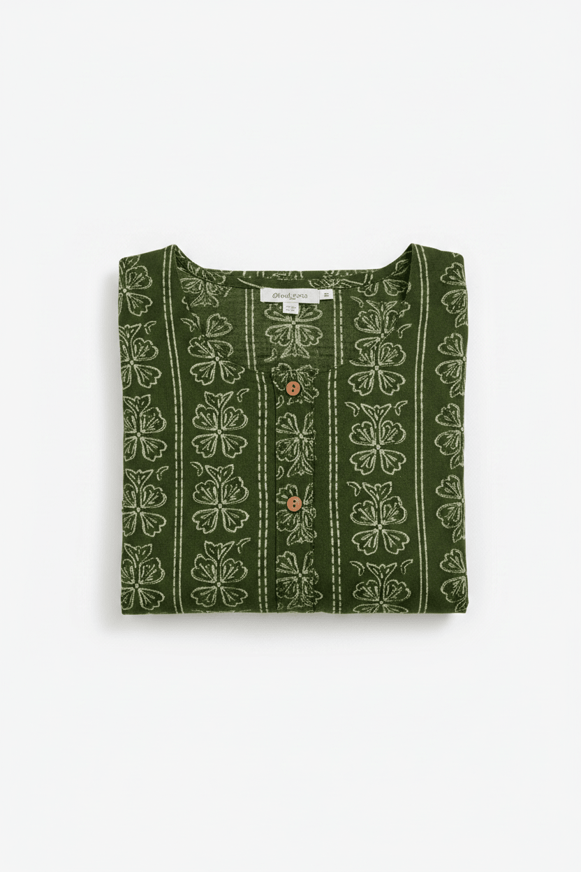 Marjeena women's olive green cotton kurti with geometric abstract print, stylish and comfortable traditional Indian kurti.