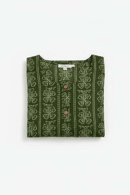 Marjeena women's olive green cotton kurti with geometric abstract print, stylish and comfortable traditional Indian kurti.