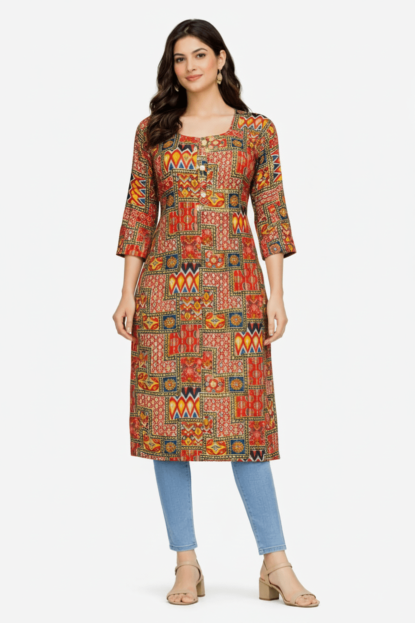 Marjeena women's rust orange geometric abstract printed cotton kurti with long sleeves and round neckline.