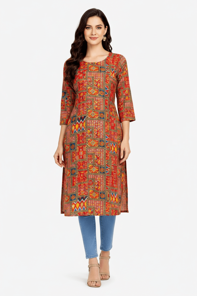 Marjeena women's rust orange geometric printed cotton kurti with abstract design and traditional style.
