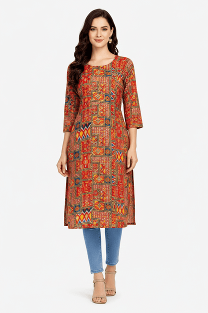 Marjeena women's rust orange geometric printed cotton kurti with abstract design and traditional style.
