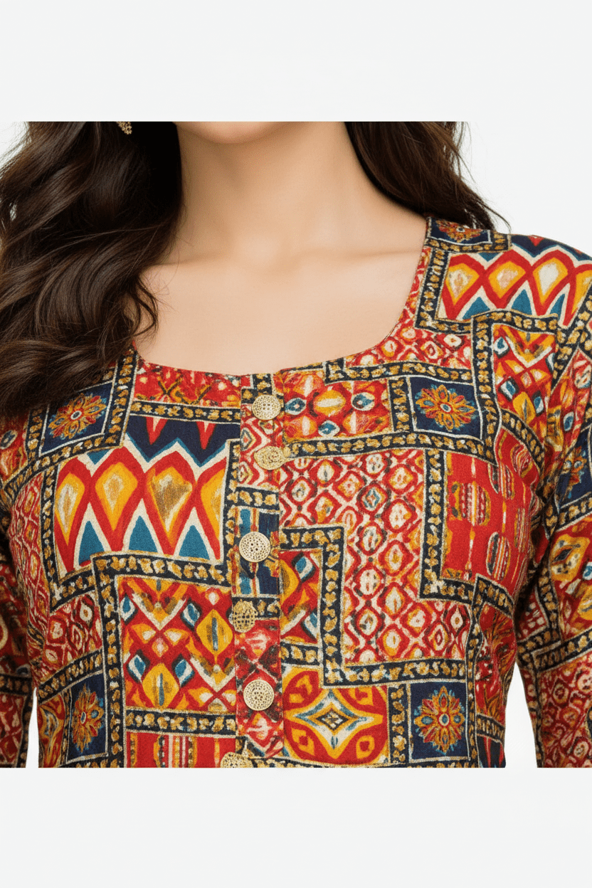 Marjeena women's rust orange cotton kurti with geometric abstract print, stylish and comfortable for casual wear.