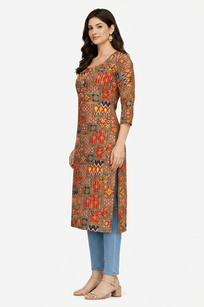 Rust orange Marjeena women's cotton kurti with geometric abstract printed design, featuring a stylish and comfortable fit.