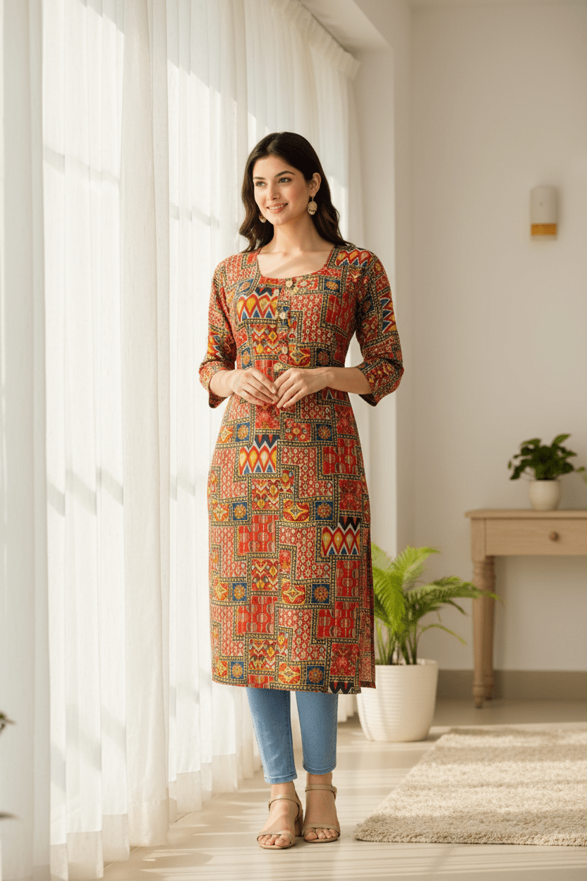 Marjeena women's rust orange geometric printed cotton kurti with abstract design, casual and comfortable ethnic wear.