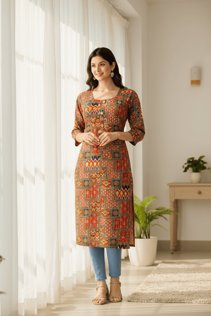 Marjeena women's rust orange geometric printed cotton kurti with abstract design, casual and comfortable ethnic wear.