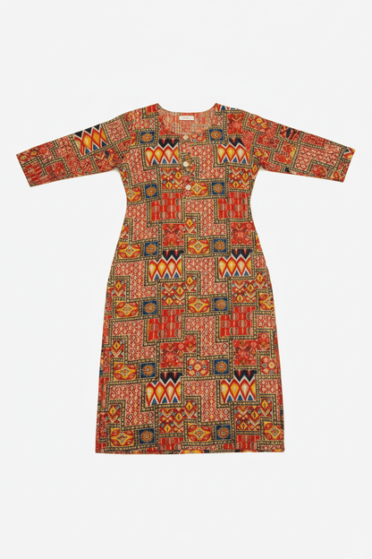 Marjeena women's rust orange geometric abstract printed cotton kurti with long sleeves and traditional design.