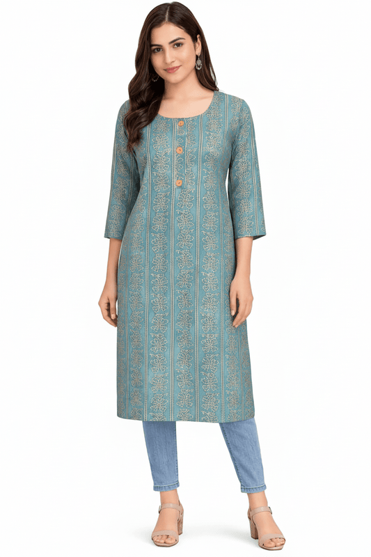Marjeena women's teal blue ethnic printed straight cotton kurti with traditional design and comfortable fit.